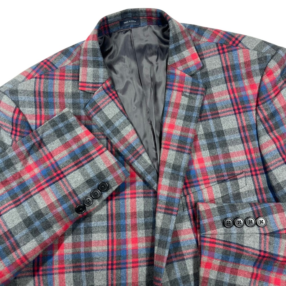 Madison Modern Fit Two Button Blazer Mens 40R Red Grey Plaid Cotton Sport Coat